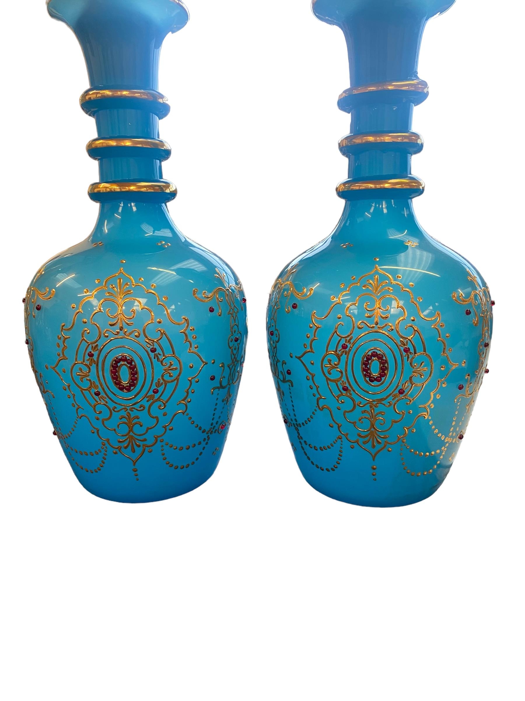Pair of bohemian opague blue and gilt lidded vases with red jewelled enamel decoration 59 cm H - Image 2 of 3