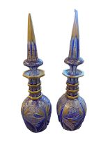 A large matched pair of bohemian style decorative gilt and blue glass decorative perfumes 55 cm H