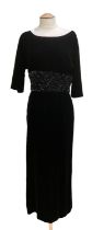 Vintage black evening dress with beaded band to waist, probably size 6-8 some minor wear