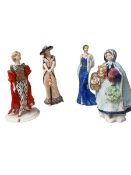 Three Coalport ladies, see images for details, and a Staffordshire figure