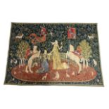 Medieval style hanging wall tapestry, Maidens in a garden flanked by rampant lion and unicorn,
