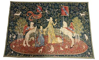 Medieval style hanging wall tapestry, Maidens in a garden flanked by rampant lion and unicorn,