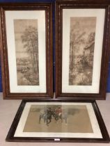 Framed and Glazed hunting print, "Not a Drawing Room Story" 47 x 63 cm approx, and a pair of