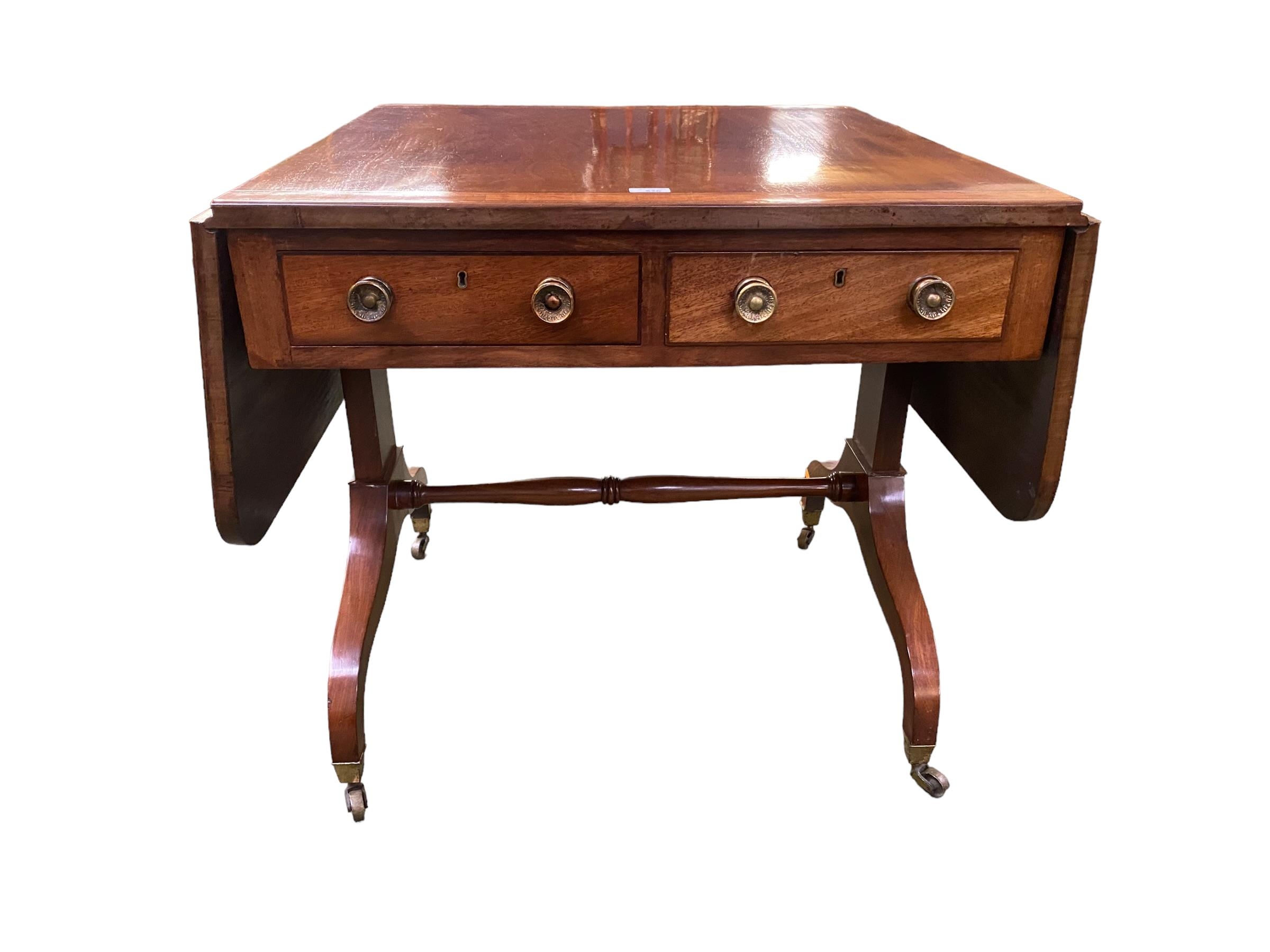 Regency inlaid mahogany sofa table , 2 drawers opening to each side (4 drawers in total), 137 cm