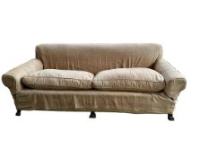 Very large wooden framed deep seated sofa, (4 seater) for restoration, with large wooden paw feet to