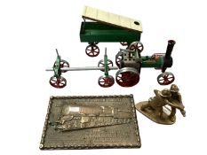 Bronze model of firemen and a GWR plaque, George V Golden jubilee, and a Mamod fire engine model