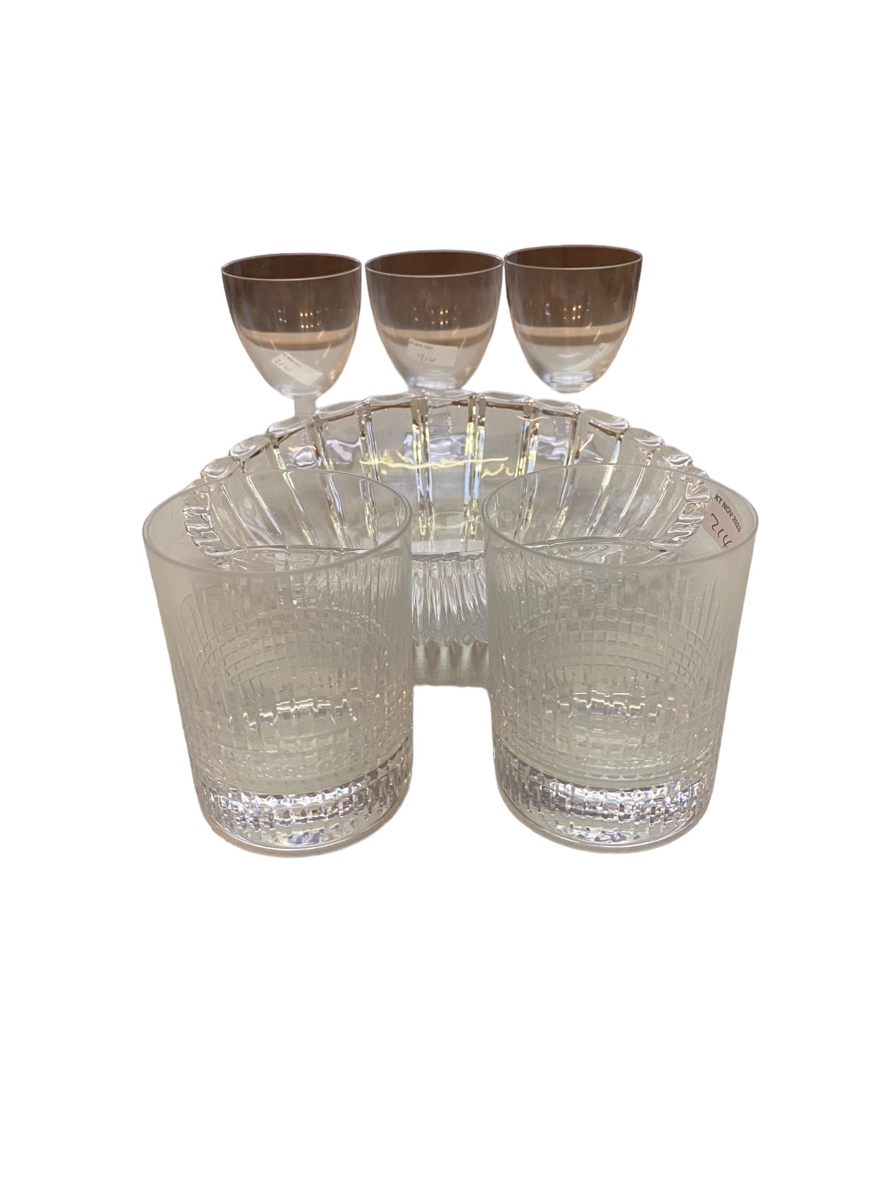 Pair of Baccarat tumblers, 3 Lalique wine glasses with square bases and a scallop dish