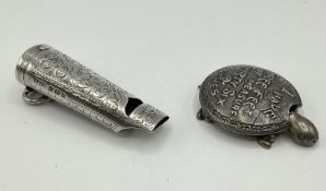 Two novelty white metal items. Sterling silver whistle vesta by Steinhart and CO Birmingham 1905