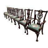 Set of 8 Chippendale style dining chairs with drop in upholstered seats, inc 2 carvers 117 cm H x 68