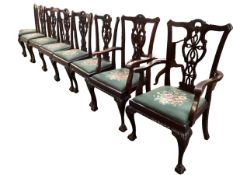 Set of 8 Chippendale style dining chairs with drop in upholstered seats, inc 2 carvers 117 cm H x 68