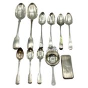A collection of sterling silver flatware together with a silver tea strainer. 363g.