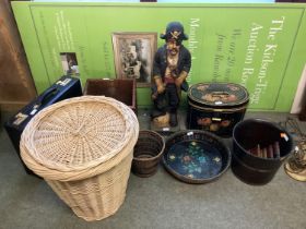 A quantity of general decorative items to include, a painted wooden bowl, a tin hat box, a small