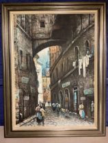 A modern decorative wooden framed picture of a Continental street scene 68 x 48c