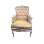 French silk upholstered showframe bedroom chair. Condition, some marks to silk see photos, small