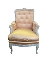 French silk upholstered showframe bedroom chair. Condition, some marks to silk see photos, small