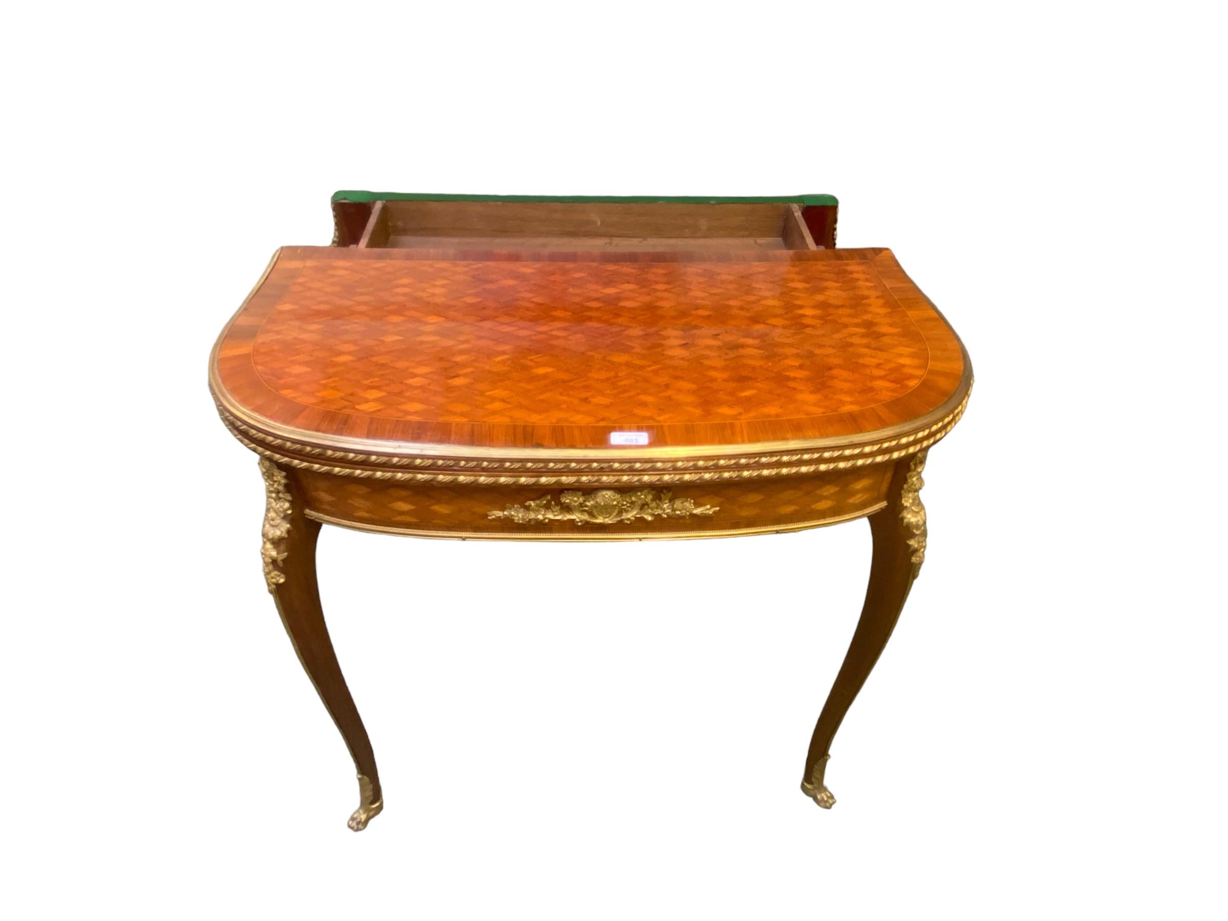 Louis XVI style kingwood ormulu mounted flip top card table, with single recessed drawer 84 cm W x - Image 2 of 3