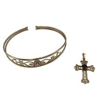 A 9ct gold pierced bangle bracelet set with single amethyst together with a 9ct gold crucifix