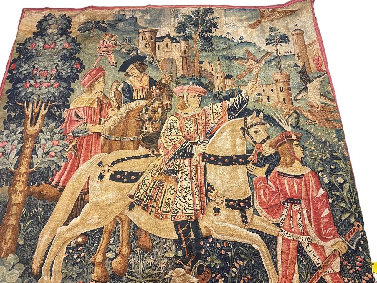 C16th style wall hanging tapestry, stylized Tudor Gentlemen hunting in Landscape scene, 212cm x