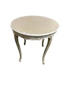 A modern French cream painted circular decorative table, on cabriole legs