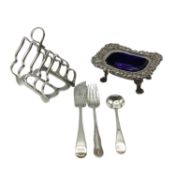 A sterling silver Elkington and Co toast rack together with a sterling silver fork, a plated salt