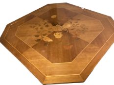 A low square coffee table with central pedestal base, and cantered corners, 43cmH x 130cm W, some