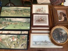 Quantity of prints of hunting and racing and dog genre, including Harry Elliot, all as found, with