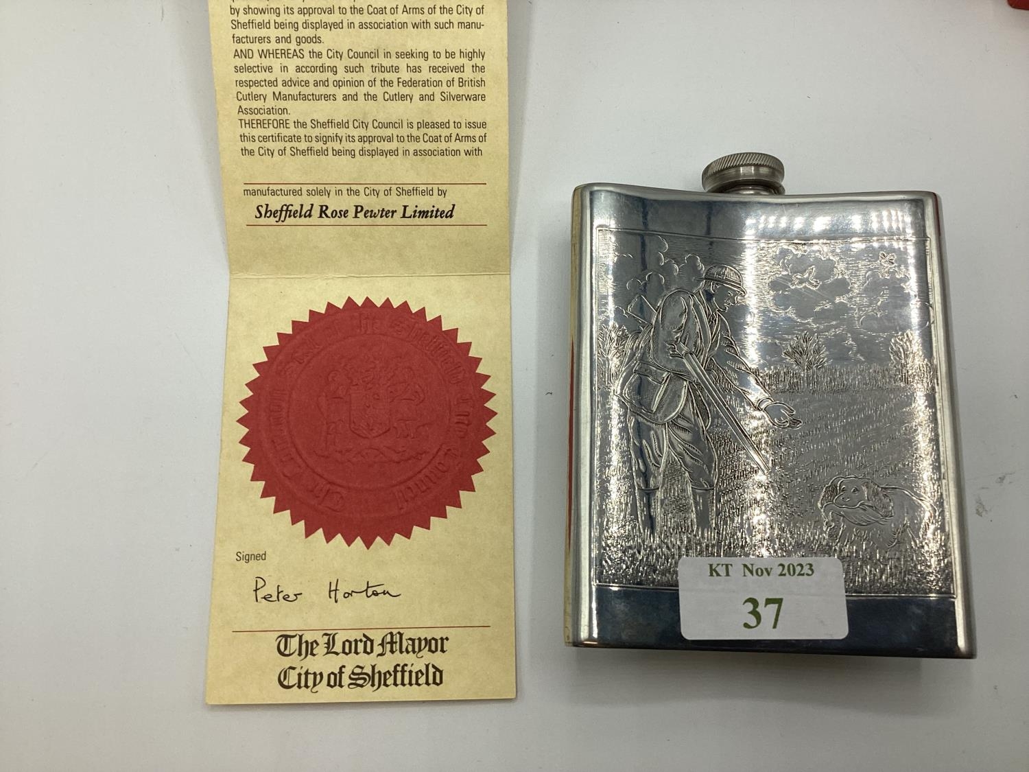 A Sheffield Pewter hipflask with chased hunting scenes with certificate in presentation box - Image 7 of 8