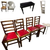 Four Heals 1930s oak kitchen chairs with red seats, a small elm chair, and a wicker style chair, a