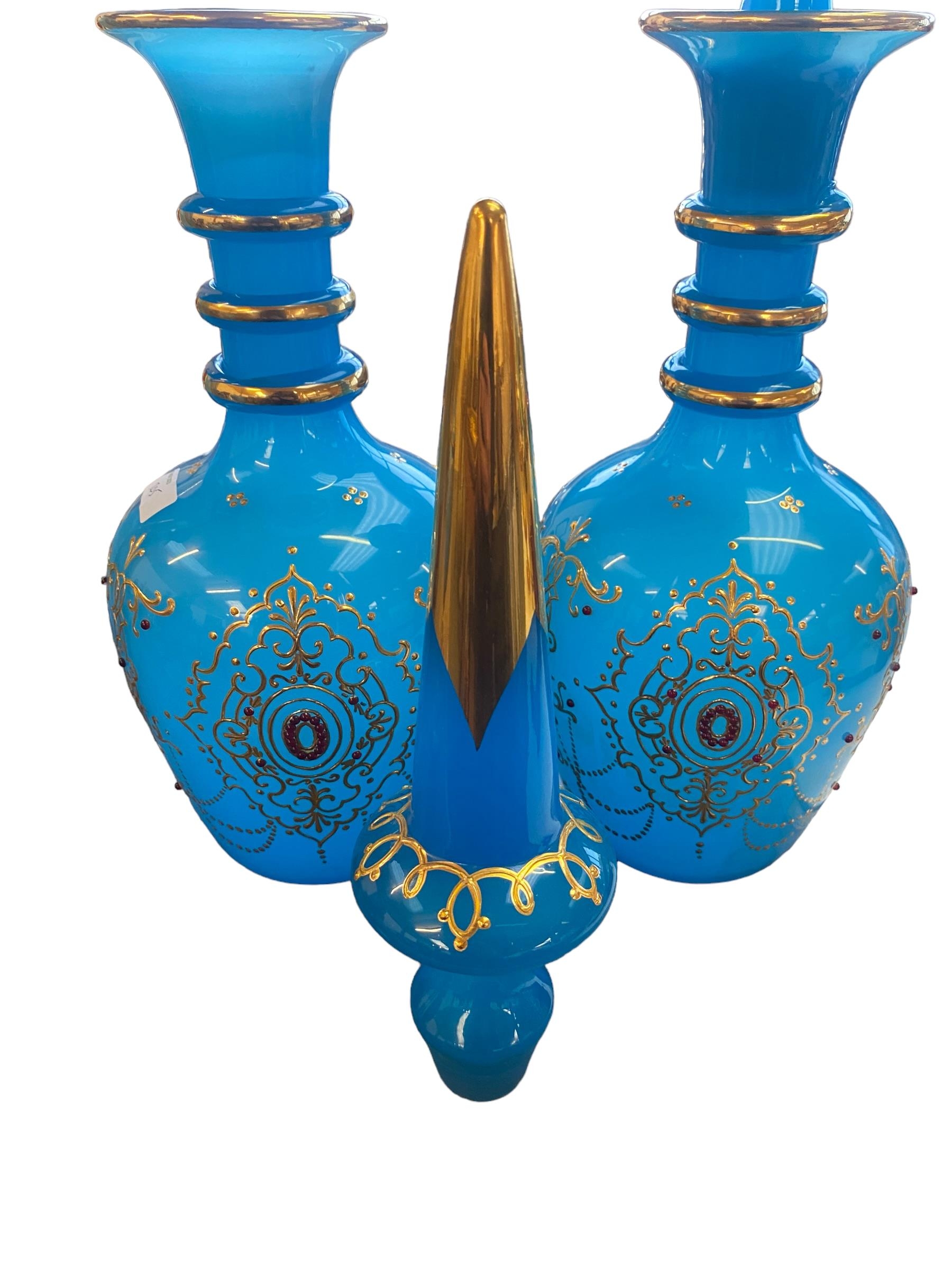 Pair of bohemian opague blue and gilt lidded vases with red jewelled enamel decoration 59 cm H - Image 3 of 3