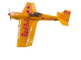 A yellow radio controlled model aircraft. Branded Red Bull. Circa 143cm L x 152 cm wingspan