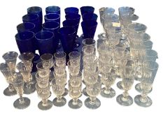 Set of French wine glasses, champagne glasses, etc, see images, and a quantity of blue drinking