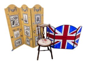 Two screens and a single upholstered stick back chair. (one 3 fold screen depicting floral prints
