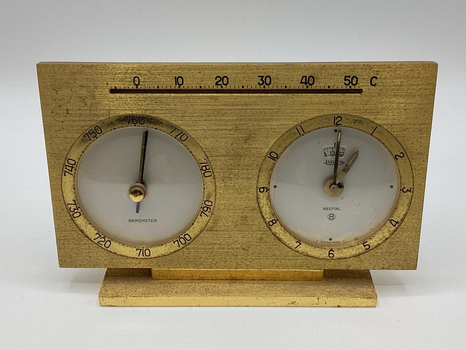 A Jaeger gilt metal bedside barometer clock/thermometer (The Weather Station) - Image 2 of 4