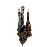 Late C19th Bohemian three bottle decanter set with silver plated grape and vine cast decoration to