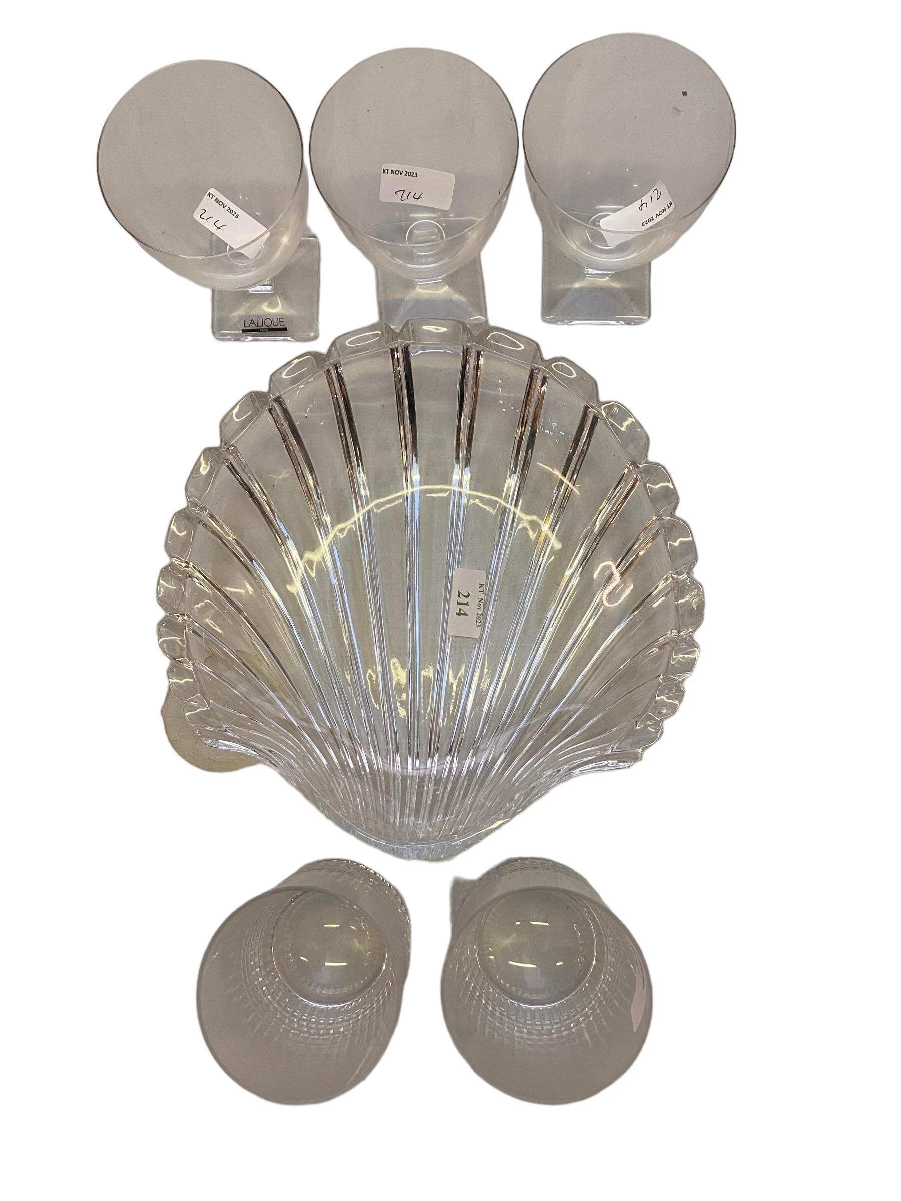 Pair of Baccarat tumblers, 3 Lalique wine glasses with square bases and a scallop dish - Image 2 of 4