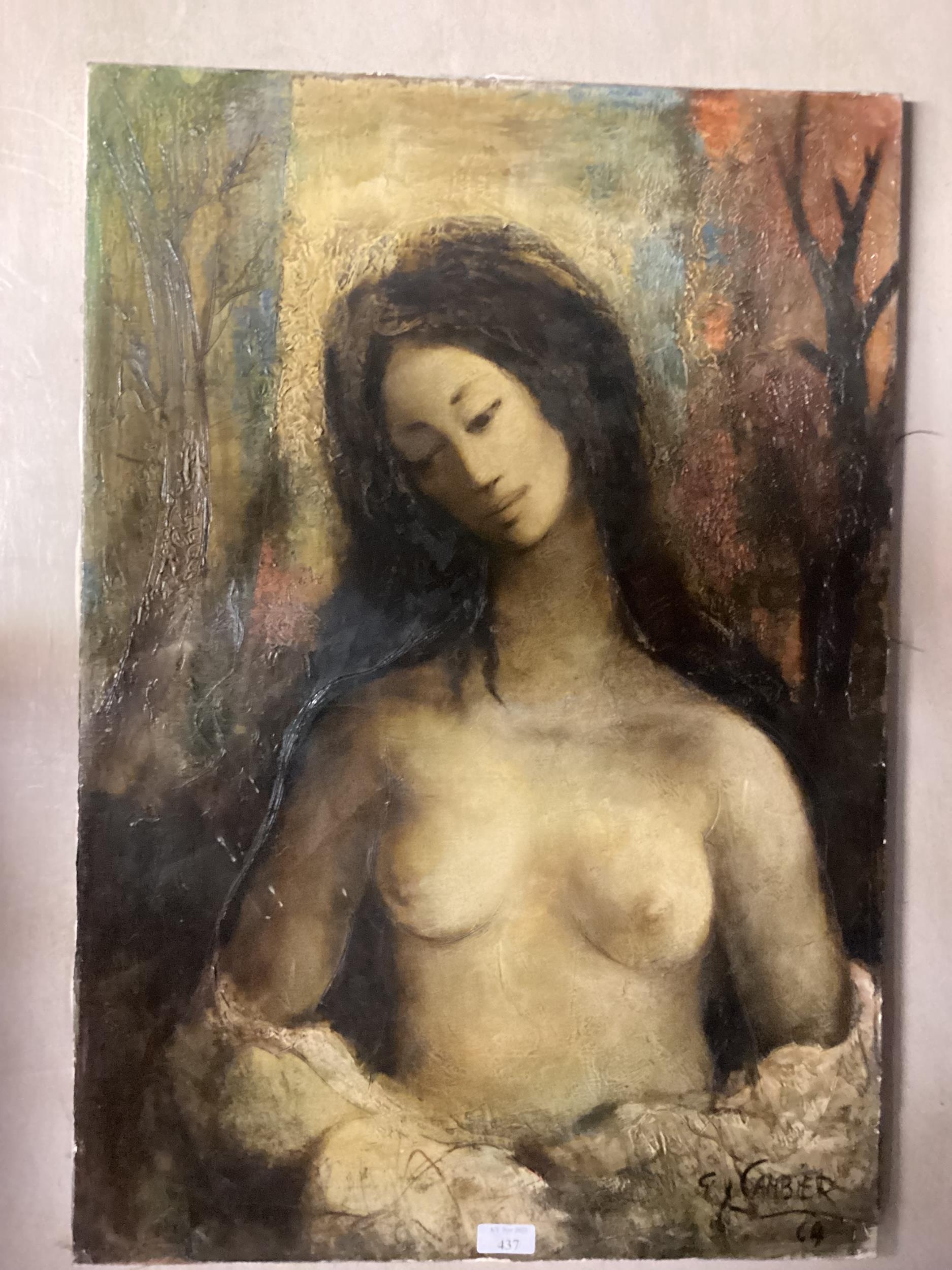 unframed oil on canvas, half portrait portrait of a female nude, signed E Cambier c4; 73 x 50cm - Image 6 of 6