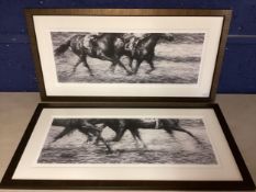 Two contemporary black and white prints of racing horses, Pace 1 and 2, signed on mount Richard