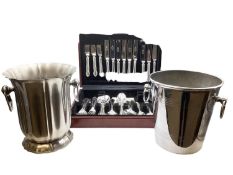 Two silver plated ice buckets together with 6 person plated canteen of cutlery by Sanders and Bowers