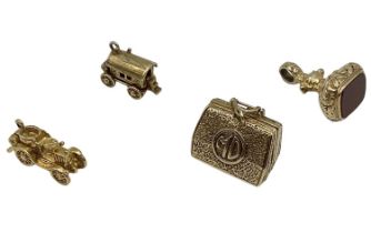 4 x 9ct gold charms to include Gladstone doctor's bag with separate tools and instruments, yellow