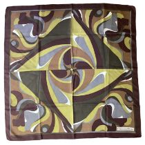 CHRISTIAN DIOR, silk scarf in geometric browns and greens, in generally good condition, some minor