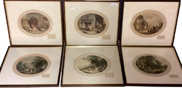 A set of 6 framed and glazed coloured etching prints, with embossed titles lower right, and numbered