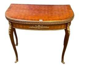 Louis XVI style kingwood ormulu mounted flip top card table, with single recessed drawer 84 cm W x