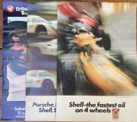 Three original motor racing advertising posters 'Porsche, Porsche, Porsche, Shell, Shell, Shell'