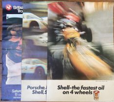 Three original motor racing advertising posters 'Porsche, Porsche, Porsche, Shell, Shell, Shell'