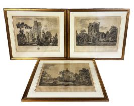 After Paul Sandby, A set of 3 framed and gilt glazed black and white lithographs prints, titled to