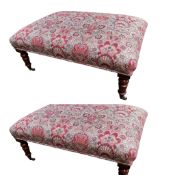 Two upholstered foot stools on wooden legs to castors 98 x 68cm x 37xmh approx