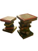 Two modern decorative side tables, modelled as a pile of antiques tooled leather books, tallest 50cm