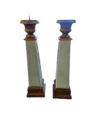 Pair of obelisk ceramic candlesticks with wooden bases and turned tops 50 cm H