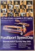 Original motor racing poster Ford Sport Speed Day. 20 top drivers compete in 20 Capris, Brands Hatch