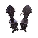 Pair of heavily carved high back Sgabello style Italian hall chairs 123 cm H x 47 cm W x 46 cm D